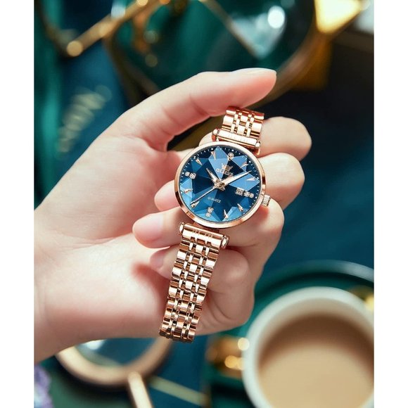 Women Blue Dial Rose Gold Stainless Steel Band Quartz Small Face Watch main image 7